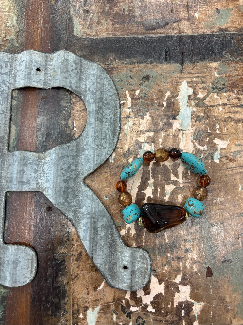 Turquoise & Amber Gem Stone Beaded Stretch Bracelet - Women Jewelry